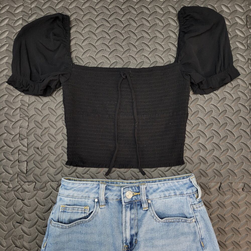 Wilfred Smocked Puff Sleeve Crop Top Black Square Neck Tie Front Size M